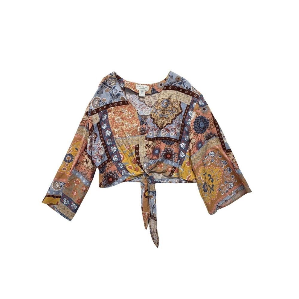 Calypso St Barth Boho Patchwork Tie Front Crop Top Bell Sleeve M NWOT New - Picture 2 of 8